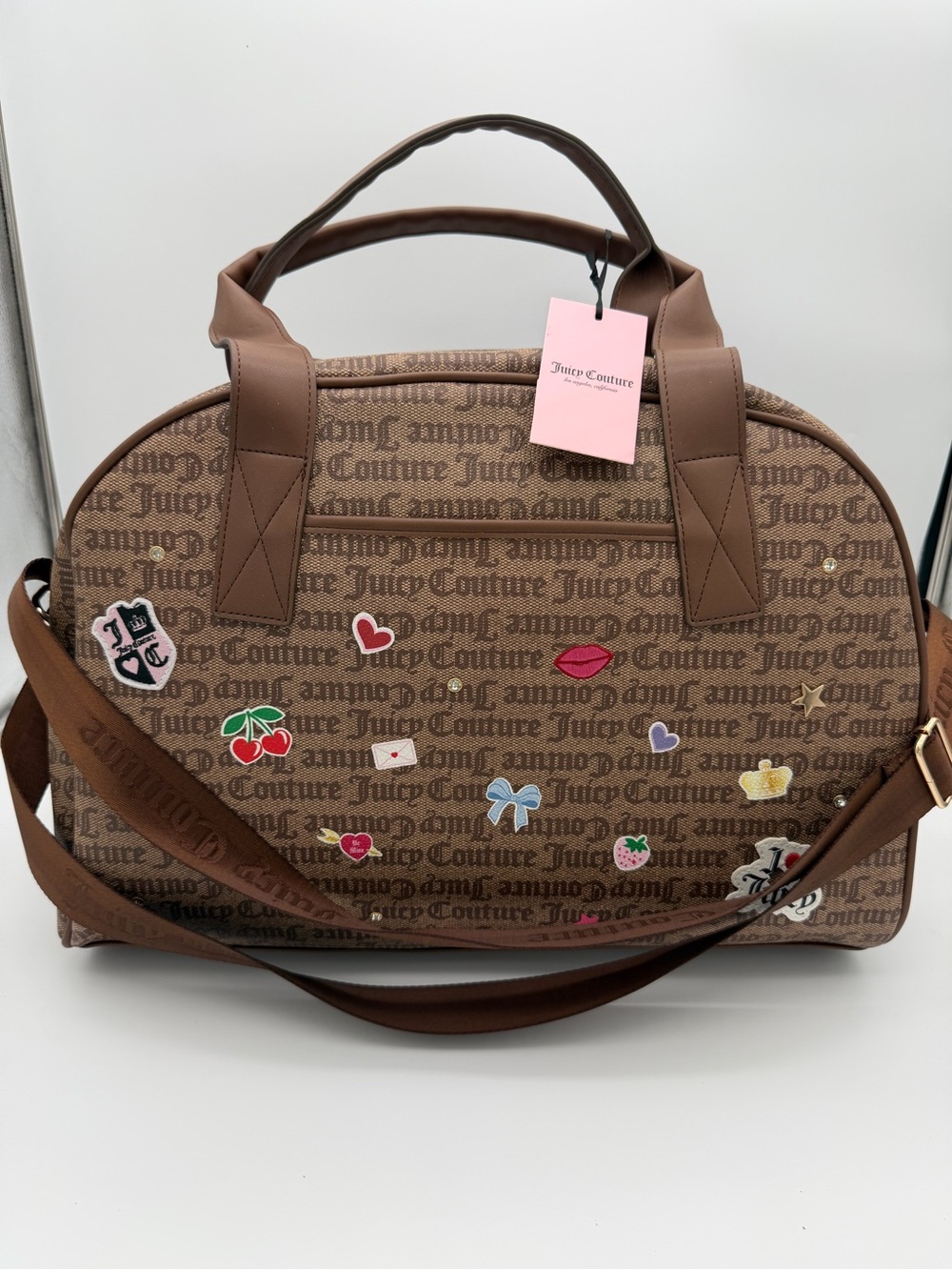 Juicy Couture Brown Logo Dome Satchel with Patch Motifs